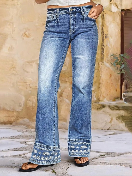 Flamingals Denim - Flamingals Mid Rise Wide Straight Leg Embroidered Jeans Size M Stretch Jeans
